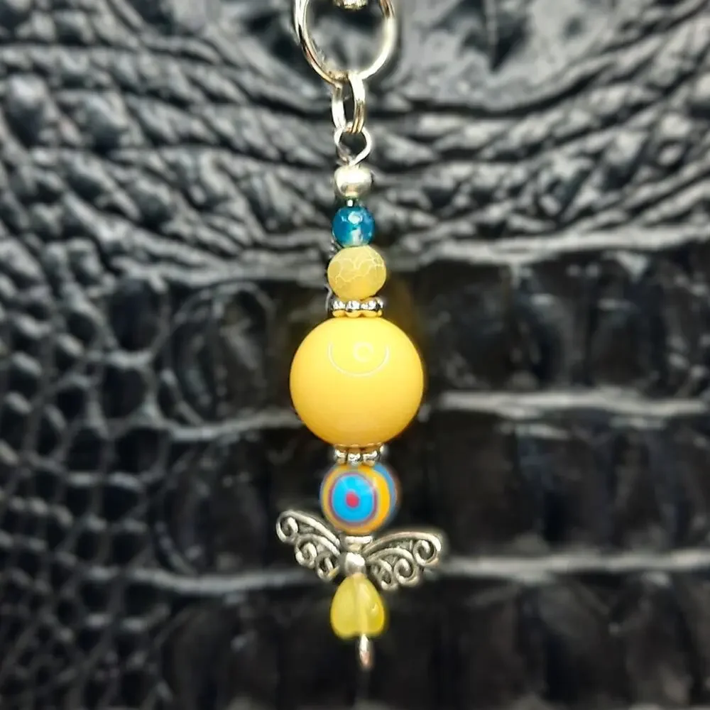 Handmade Beaded Fairy Bag Charm Silver Wings Bright Yellow Whimsical Keychain